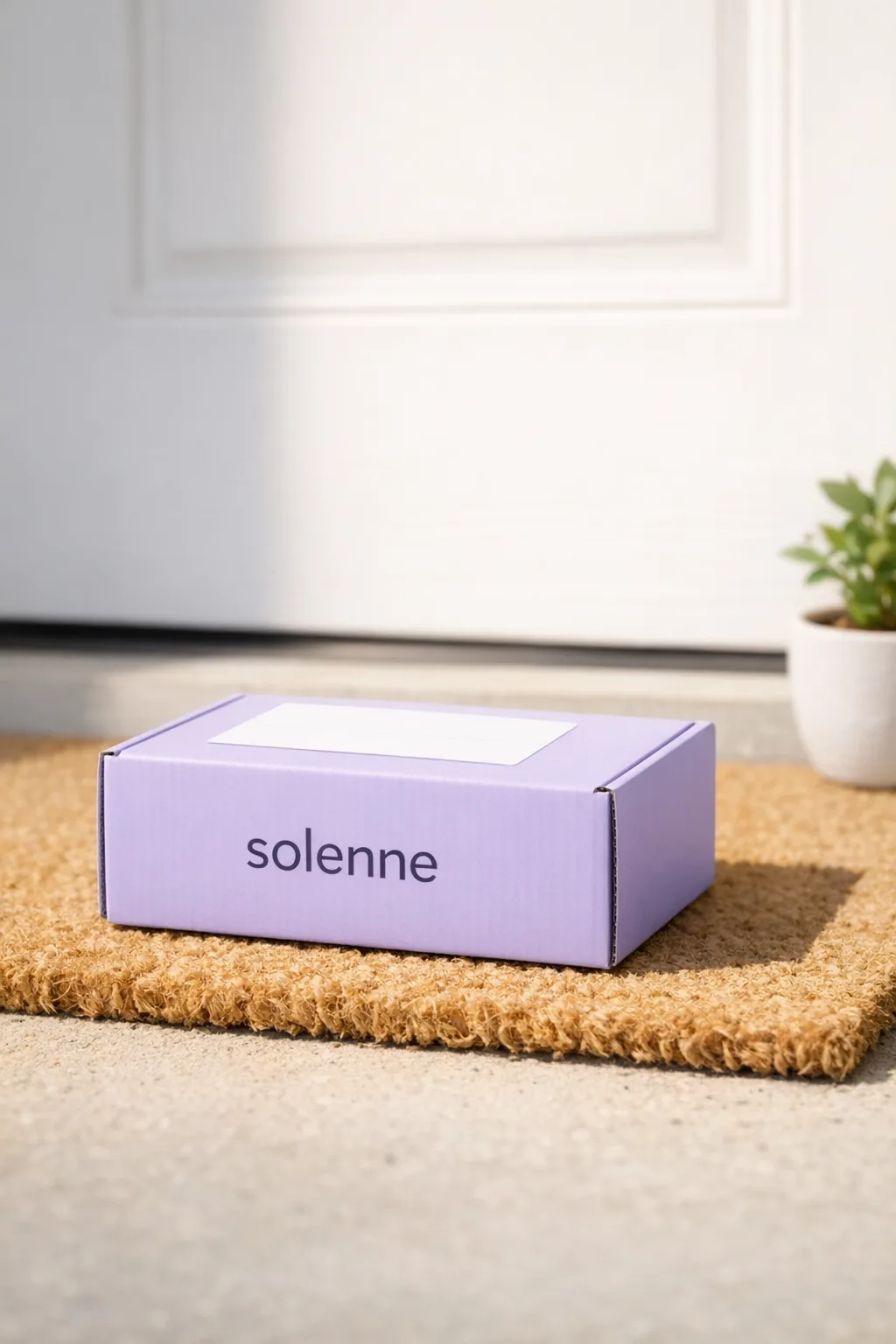 Branded lilac mailer box delivered on a doormat